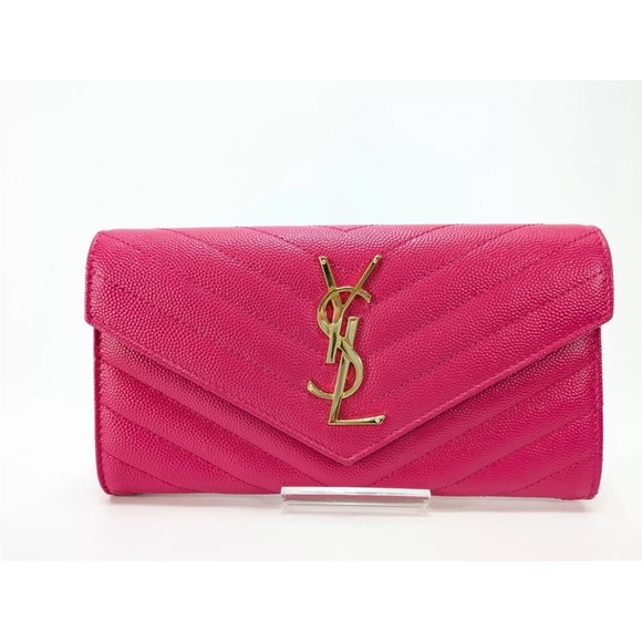 Saint Laurent Grain De Poudre Matelasse Chevron YSL Monogram Flap Pink Authentic - Picture 1 of 10